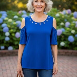 80’’s Retro Cold Shoulder Royal Blue Blouse /Grommet Neckline M Casual Travel
